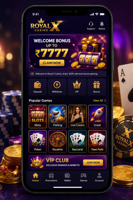 Royalx777 game app showing welcome bonus and popular games on a phone screen